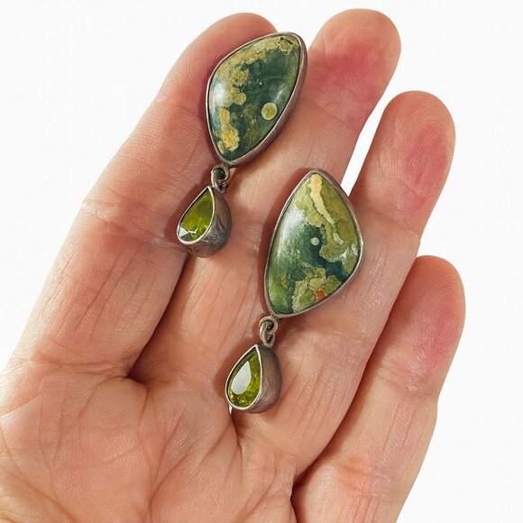Echo of the Dreamer Rainforest Jasper & Peridot 950 Sterling Silver Dangle Earri - Picture 2 of 5